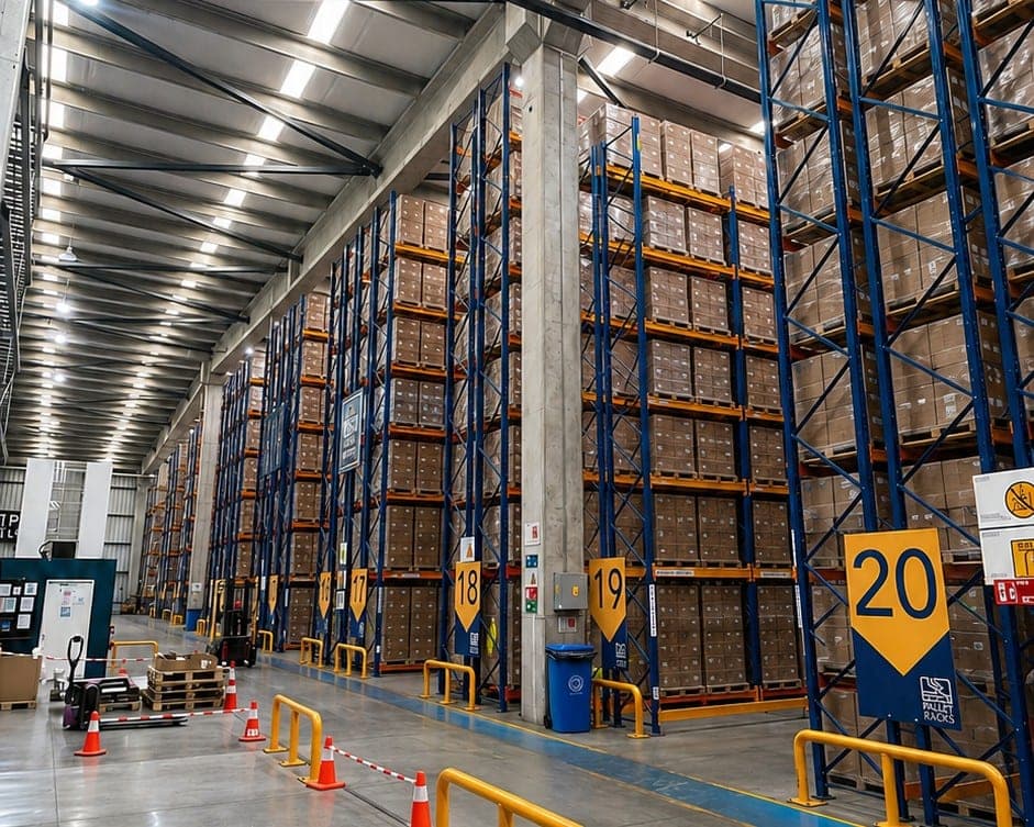 Interior of the Trailer Logistics distribution center with tall selective racking and identified aisles